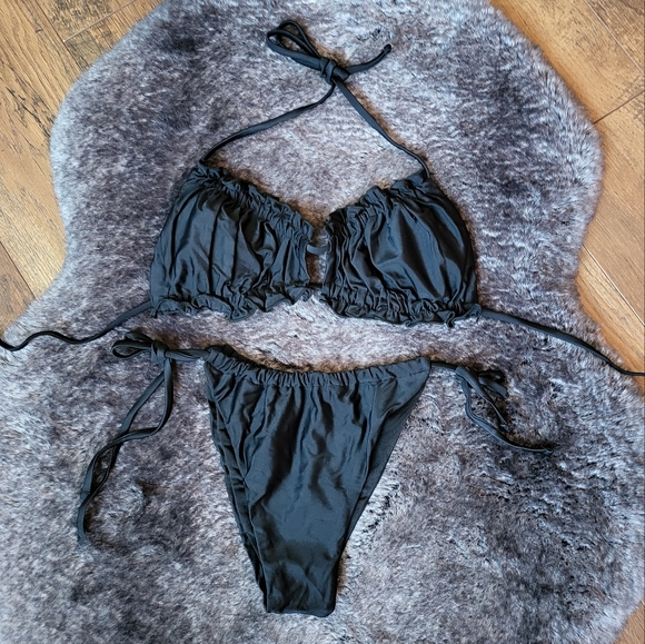 Black Ruched Top and Brazilian Bottom Bikini Set - Picture 6 of 7